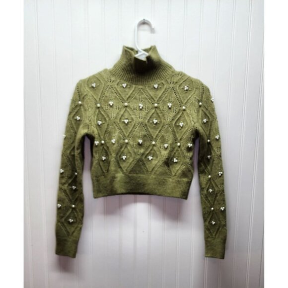 Zara Beaded Olive Green Cropped Turtleneck Sweater With Diamond Knit Design & Pe - Picture 2 of 10